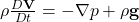  \rho \frac{D \mathbf{V}}{D t} = -\nabla p + \rho \mathbf{g} 