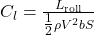  C_l = \frac{L_{\text{roll}}}{\tfrac{1}{2} \rho V^2 b S} 