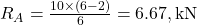 R_A = \frac{10 \times (6-2)}{6} = 6.67, \text{kN}
