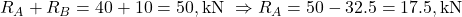  R_A + R_B = 40 + 10 = 50, \text{kN} \ \Rightarrow R_A = 50 - 32.5 = 17.5, \text{kN} 