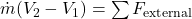  \dot{m} (V_2 - V_1) = \sum F_{\text{external}} 