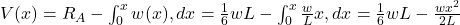 V(x) = R_A - \int_0^x w(x),dx = \frac{1}{6}wL - \int_0^x \frac{w}{L}x,dx = \frac{1}{6}wL - \frac{w x^2}{2L}