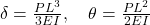  \delta = \frac{PL^3}{3EI}, \quad \theta = \frac{PL^2}{2EI} 