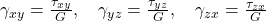 \gamma_{xy} = \frac{\tau_{xy}}{G}, \quad \gamma_{yz} = \frac{\tau_{yz}}{G}, \quad \gamma_{zx} = \frac{\tau_{zx}}{G} 
