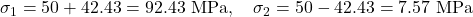  \sigma_1 = 50 + 42.43 = 92.43\ \text{MPa},\quad \sigma_2 = 50 - 42.43 = 7.57\ \text{MPa} 