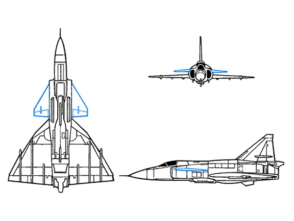 Saab Viggen drawlines with blue colored canards.
